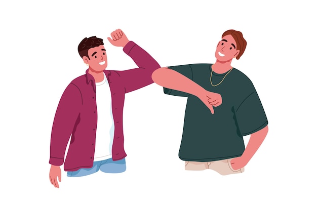 La gente saluda dando un golpe en el codo Hombres felices amigos reunidos diciendo hola evitando tocar con los brazos y los cuerpos a distancia social Ilustración vectorial plana coloreada aislada en fondo blanco
