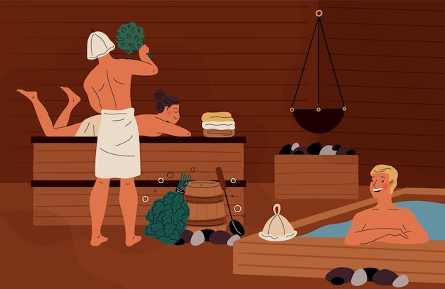 Gente en la sauna Chicos y chicas felices vaporizando en el baño Revestimiento interior de madera Calor seco Temperatura caliente Procedimiento de spa Relajación en el baño y desintoxicación corporal Concepto vectorial llamativo