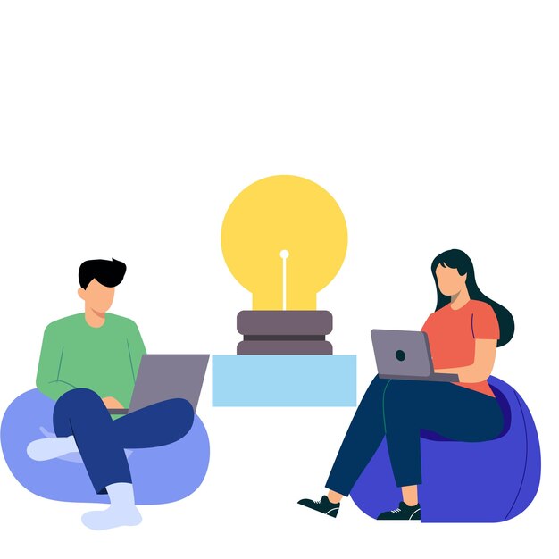 Gente sentada en una bolsa de frijoles con una computadora portátil y trabajando en concepto de trabajo en equipo Ilustración vectorial de estilo plano