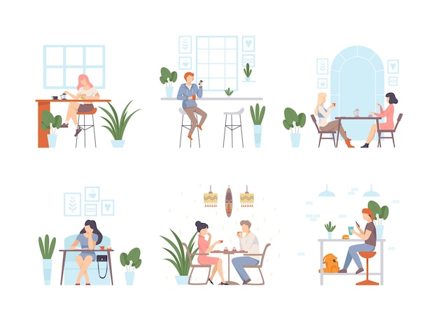 Gente sentada en una cafetería bebiendo café y comunicándose ilustraciones de vectores planos