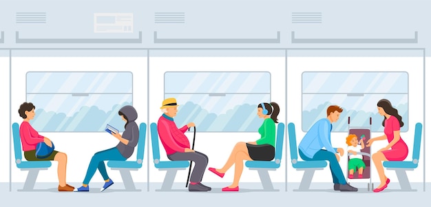 Gente sentada y de pie dentro del metro