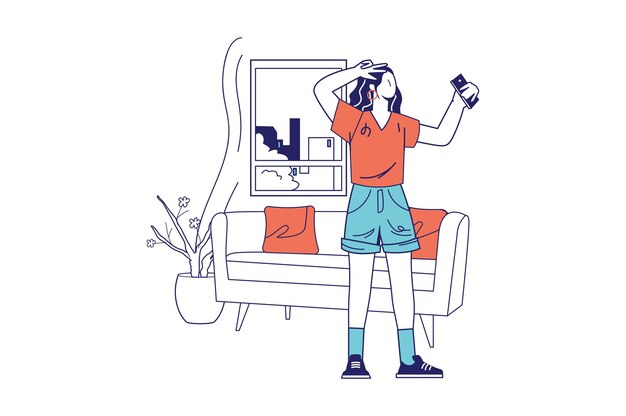 La gente se sienta en concepto de gadgets en diseño de línea plana para banner web. Usuario de mujer tomando fotos selfie con cámara de teléfono inteligente en casa, escena de gente moderna. Ilustración de vector de estilo gráfico de contorno