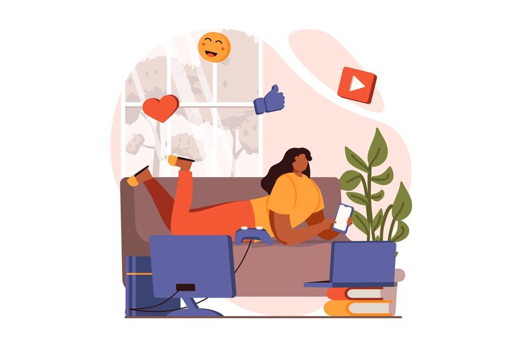 Vector la gente se sienta en el concepto web de gadgets en diseño plano mujer feliz navegando chateando y desplazándose en la alimentación