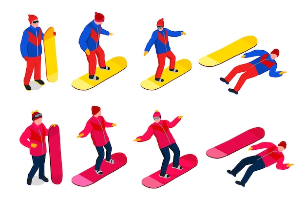 Gente de snowboard con personajes isométricos vistiendo ropas coloridas en diferentes poses con ilustraciones de vectores 3d aisladas de snowboard