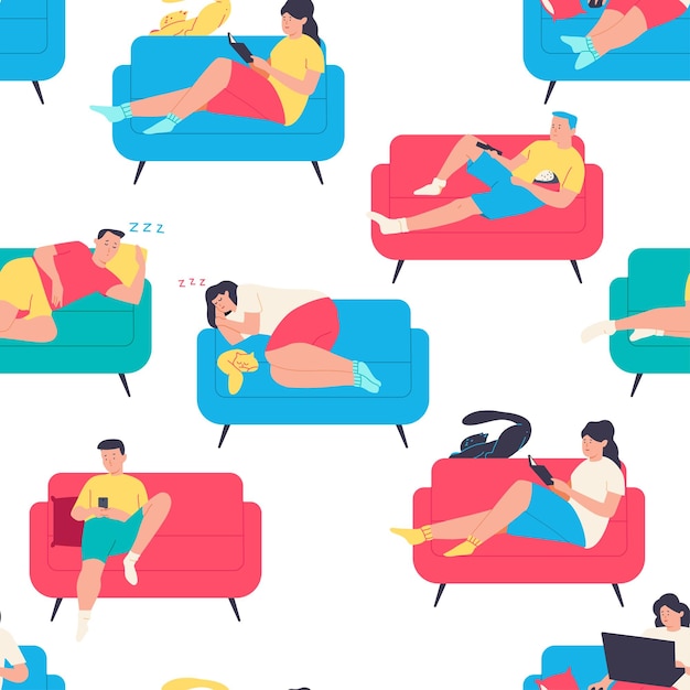 Vector la gente en el sofá vectorial de dibujos animados de fondo de patrón sin costuras para el embalaje de papel tapiz y telón de fondo
