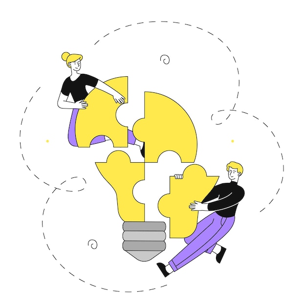 Gente con solución hombre y mujer cerca de la bombilla creatividad e invención lluvia de ideas trabajo en equipo