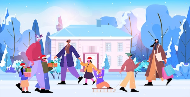 La gente con sombreros festivos caminando al aire libre cerca de la casa rural Navidad año nuevo venta vacaciones celebración concepto horizontal ilustración vectorial de longitud completa