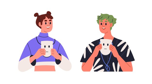 Gente sonriente feliz revelando sentimientos reales mostrando actitud positiva amor y respeto quitándose máscaras neutrales expresiones faciales ilustración vectorial gráfica plana aislada sobre fondo blanco