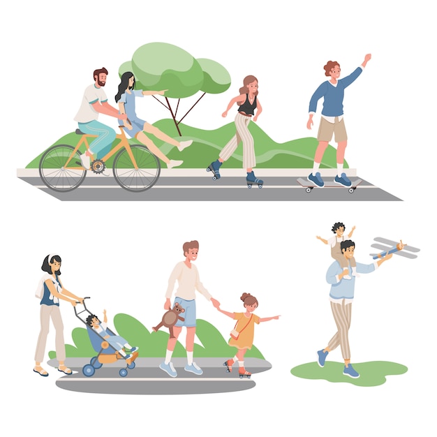 Gente sonriente feliz en ropa cómoda pasando el verano juntos ilustración plana de vector al aire libre.