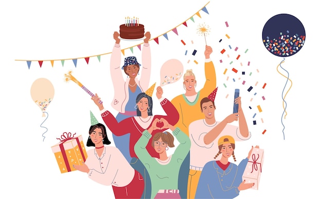 Gente sonriente y festiva celebrando una fiesta de cumpleaños con regalos de pastel, globos y confeti.