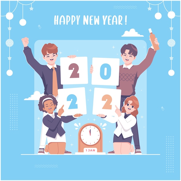 gente sosteniendo banner feliz año nuevo ilustración fondo