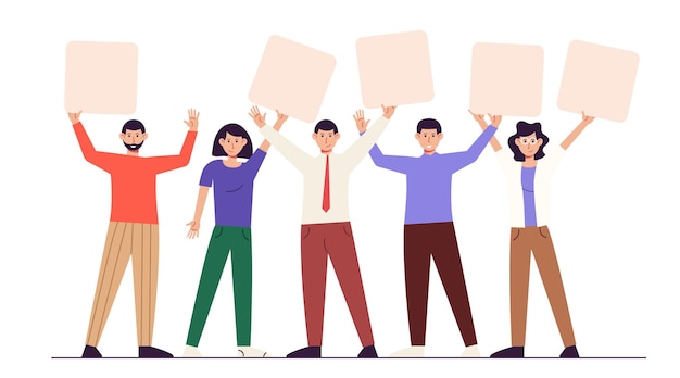 La gente sostiene pancartas en blanco Gente de la oficina Hombres y mujeres felices con tableros de papel vacíos que muestran la presentación del mensaje publicitario Ilustraciones vectoriales aisladas en el fondo blanco