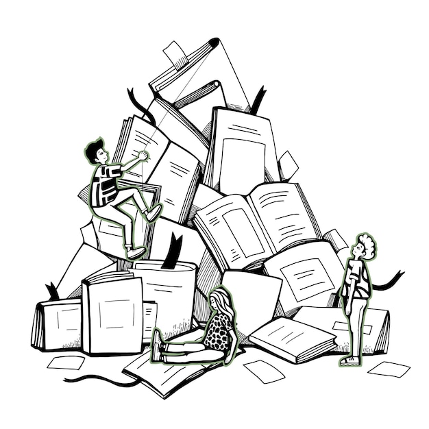 la gente sube la montaña desde los libros ilustración moderna plana sobre la dificultad de estudiar