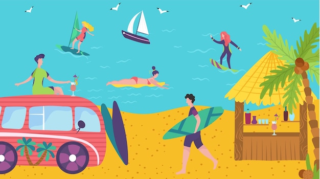 Gente surfeando en el bar de bungalows de vacaciones de verano en la playa del océano con cócteles ilustración vectorial