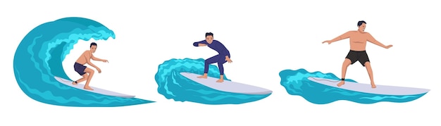 Vector la gente está surfeando en el mar con personajes de dibujos animados de varios estilos