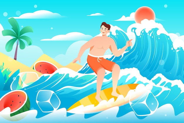 Gente surfeando en el mar en verano con playa y palmeras en la ilustración vectorial de fondo