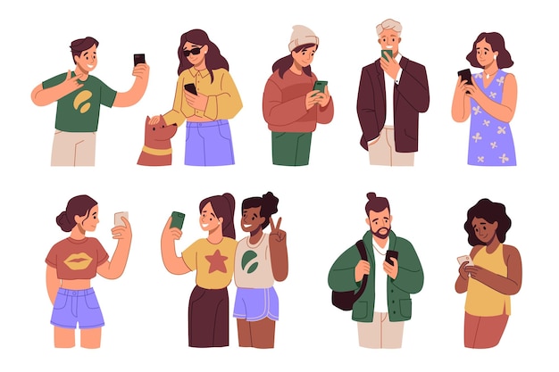 Gente con teléfonos hombres y mujeres felices persona hablando y chateando en línea Reacción y emociones en teléfonos inteligentes Niños y niñas tecnología o Internet conjunto de vectores de comunicación