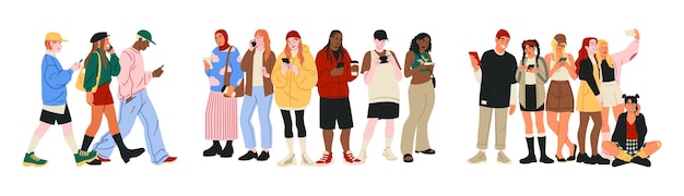 Gente con teléfonos personas modernas llaman móvil chateando comunidad de amigos jóvenes hombres y mujeres felices usan teléfonos inteligentes estudiantes ocasionales caminan cámara selfie grupos de caracteres conjunto vectorial