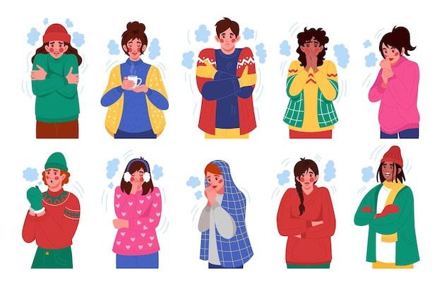 Gente temblando Invierno helado Clima frío Mujer y hombre temblando Manos temblando Sintiendo incomodidad por hipotermia Suéteres y abrigos cálidos Personas vectorias de baja temperatura