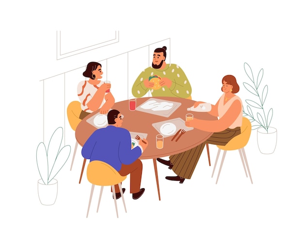 La gente tiene comida, almuerzo de negocios en la mesa de la cantina. Los amigos de los colegas se sientan juntos en el comedor, comen y hablan. Hombres y mujeres en la cena. Ilustración de vector plano aislado sobre fondo blanco