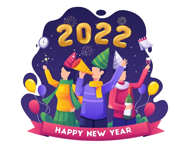 Vector la gente tiene una fiesta para celebrar la víspera de año nuevo 2022 suena la trompeta enciende la ilustración de fuegos artificiales