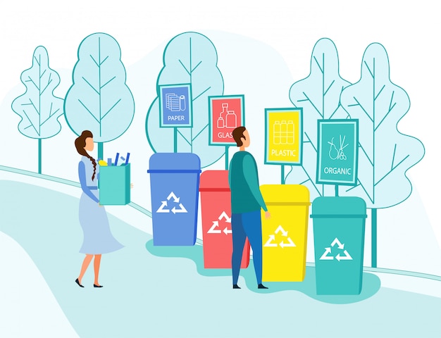 Vector la gente tira basura en contenedores de reciclaje