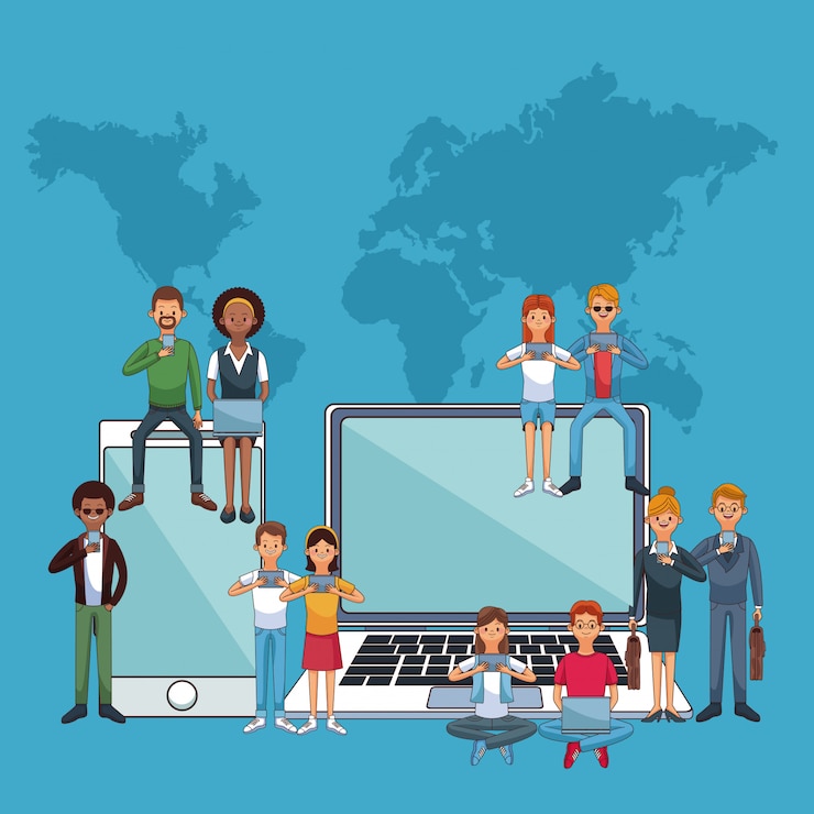 Vector gente de todo el mundo con teléfono inteligente y computadora portátil