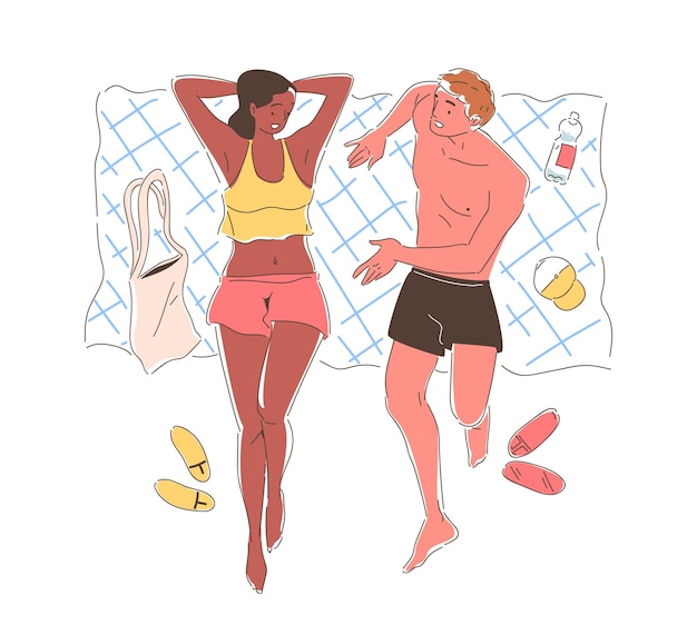 Vector gente tomando el sol en la playa doodle ocio al aire libre en la temporada de verano hombre y mujer acostados en una manta elemento gráfico para el sitio web ilustración vectorial plana de dibujos animados aislada sobre fondo blanco