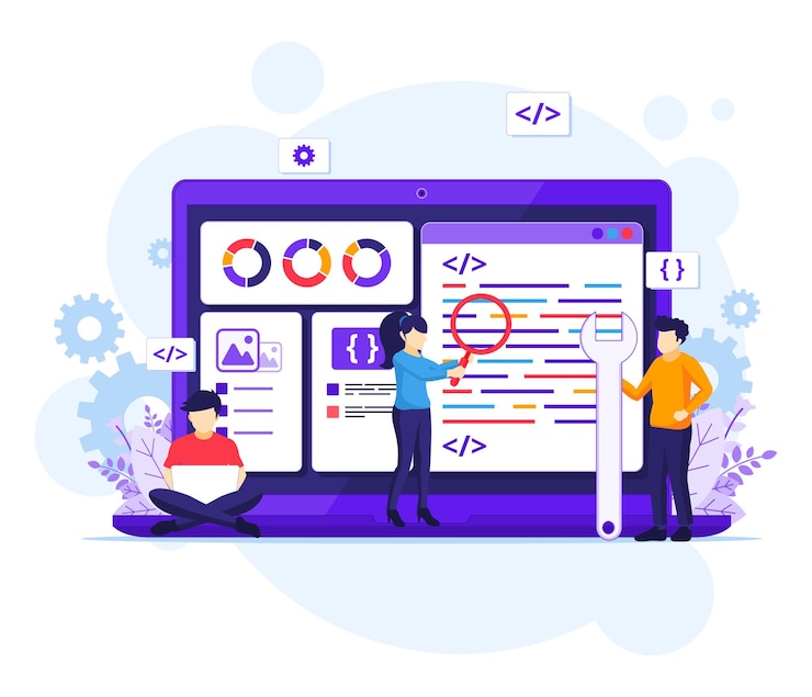 Vector la gente trabaja en la programación y codificación de una computadora portátil gigante