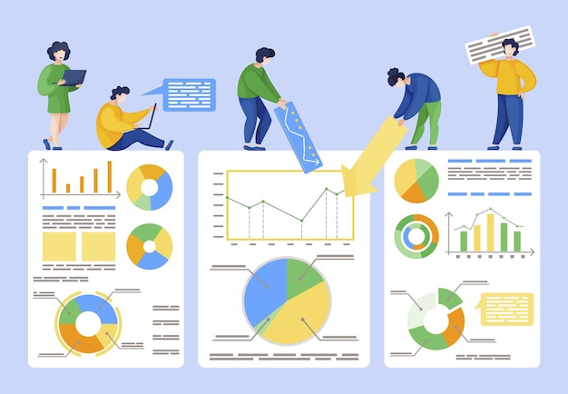 La gente trabaja en el tablero de datos del informe del proyecto juntos