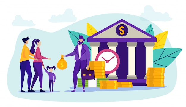 Gente y trabajador bancario. Contribución en efectivo