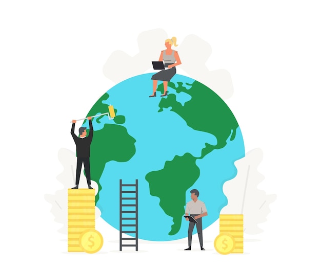 Gente trabajadora limpia y construye el planeta verde Ilustración de Ecología y Día Mundial de la Salud Tierra con monedas y dinero Presentaciones comerciales sobre fondo blanco