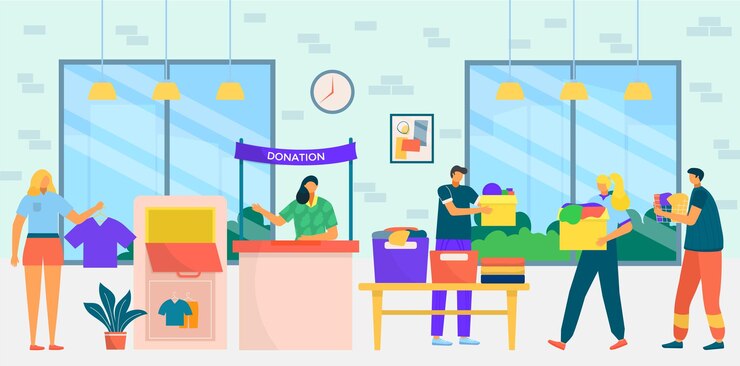 Vector la gente de trabajo de donación de caridad recolecta ropa para la ilustración de vector de atención de donación asistencia social con el concepto de caja de donación