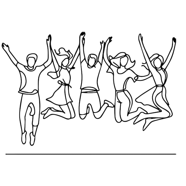 gente trabajo en equipo saltando feliz dibujando línea continua