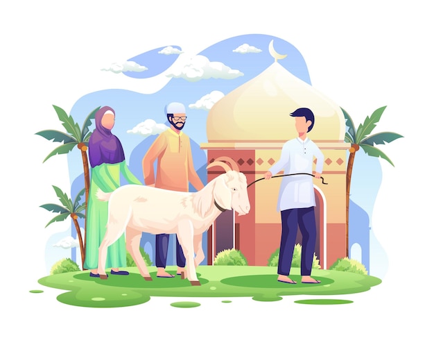 La gente trae una cabra para qurban o sacrificio en la ilustración de eid al adha mubarak.