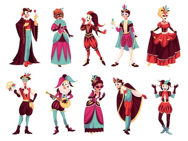 Gente con trajes de carnaval Cartoon venice mascarada personajes fiesta de adultos renacimiento personas festival de mardi gras hombres y mujeres en la actuación Cartoon plano aislado conjunto vectorial ordenado