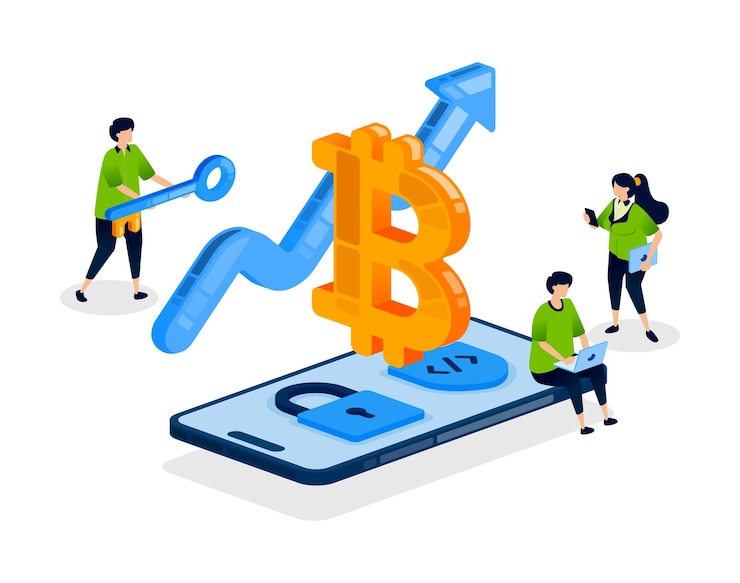 Vector la gente usa aplicaciones seguras para comerciar con criptomonedas y bitcoin para el crecimiento mientras gestiona el riesgo financiero digital