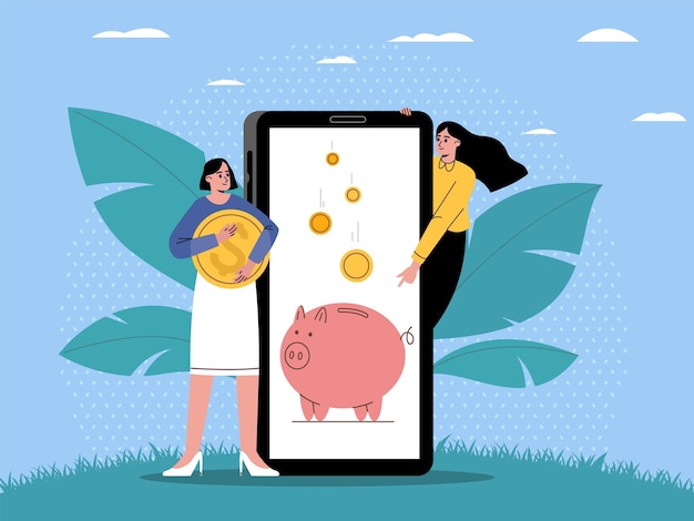 La gente usa las funciones de los teléfonos inteligentes Banca móvil en línea Las mujeres compran monedas de oro a través de la aplicación Invertir en criptomoneda Piggy bank Aplicación telefónica Ahorros financieros Concepto vectorial