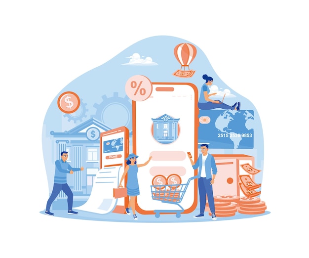 La gente usa teléfonos inteligentes para transferir y ahorrar dinero Servicios bancarios digitales Concepto de banca en Internet Ilustración vectorial plana