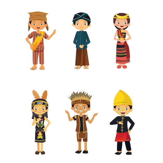 Vector la gente usa toraja java east nusa tenggara dayak papua aceh traje indonesia ilustración de dibujos animados