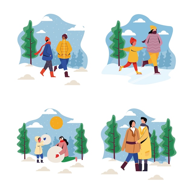 Gente de vacaciones de invierno diversión en conjunto de ilustración de nieve