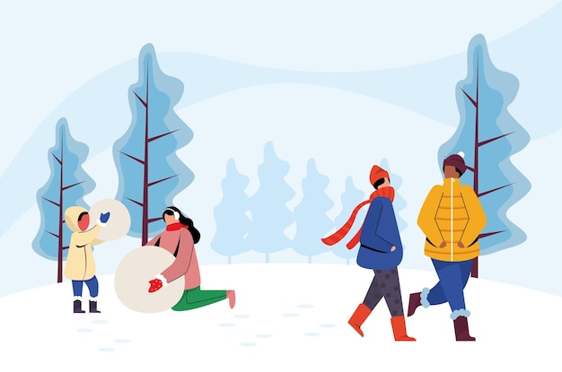 Vector gente de vacaciones de invierno diversión en familia de nieve en la ilustración de nieve