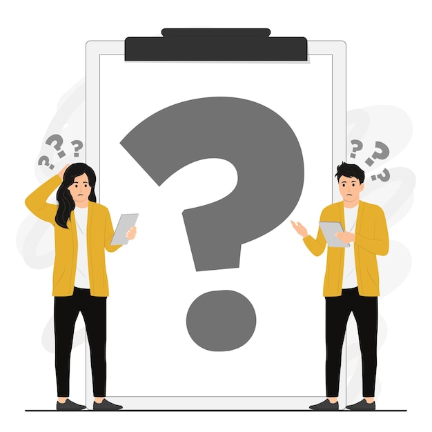 La gente de vector plano duda de hacer preguntas mirando la ilustración plana del teléfono