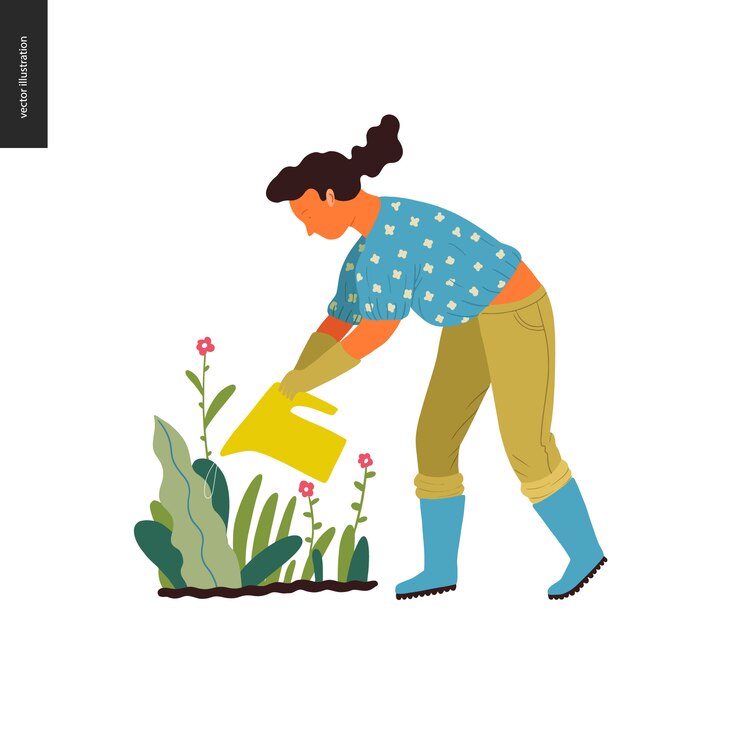 Vector gente de verano de jardinería - ilustración vectorial concepto plana de una mujer joven