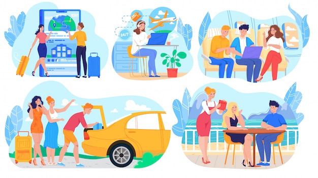 La gente viaja en avión y automóvil, viaje de negocios o vacaciones de verano, conjunto de personajes de dibujos animados, ilustración