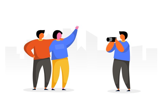 Gente viaja en grupo toma fotos con la cámara hombre feliz personaje en vacaciones concepto de fondo urbano