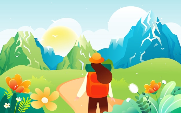 Vector la gente viaja y viaja en primavera con montañas y bosques en el fondo, ilustración vectorial