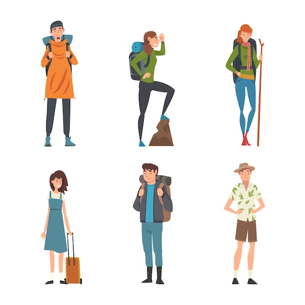 Gente viajando en un conjunto de vacaciones Personajes masculinos y femeninos haciendo senderismo y teniendo un viaje Ilustración vectorial de dibujos animados