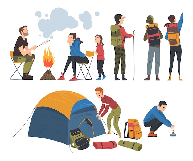 Vector gente viajando en la naturaleza set turistas acampando cerca de hogueras y senderismo viaje de aventura de verano ilustración vectorial de estilo dibujos animados