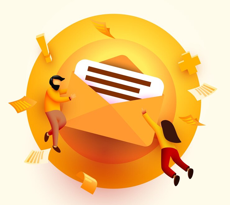 Vector gente volando alrededor de una gran carta de correo.